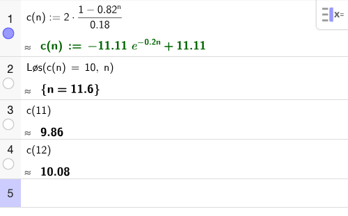 GeoGebra CAS: definisjon av c(n), løsning av c(n)=10, og kontroll av c(11) og c(12)