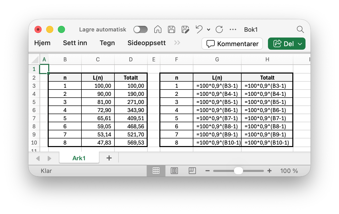 Lengden av de 8 første linjestykkene