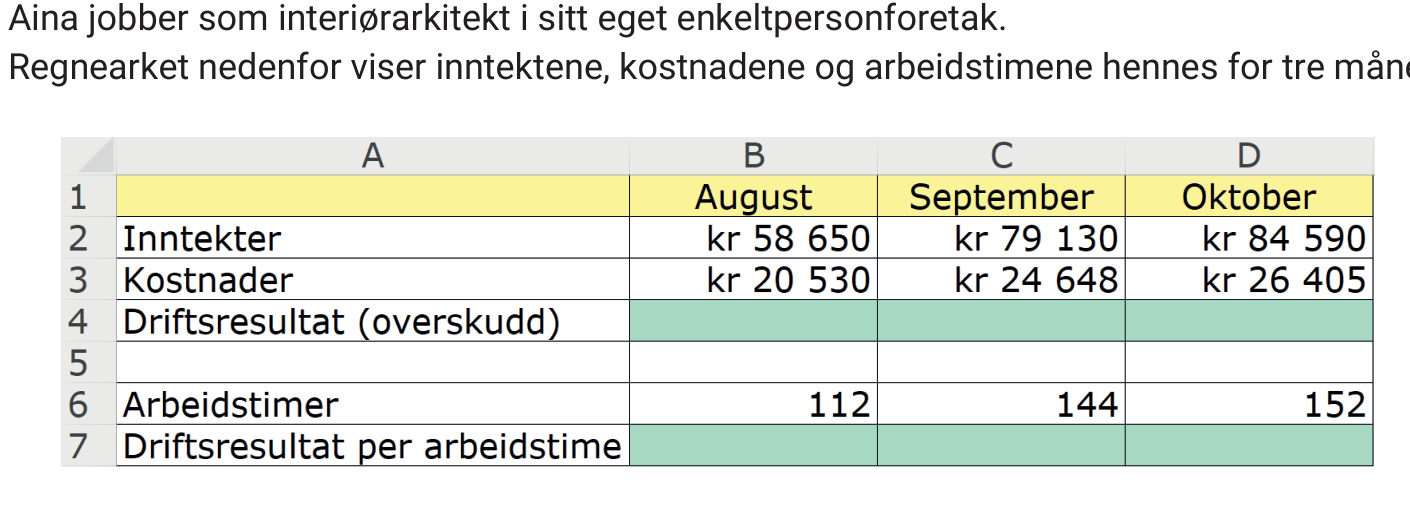 Regneark med inntekter, kostnader og arbeidstimer