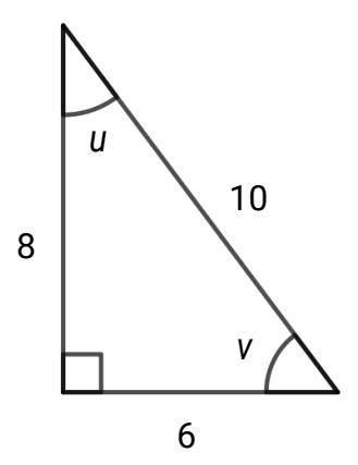 Rettvinklet trekant med sider 8, 6, 10 og vinkler u og v