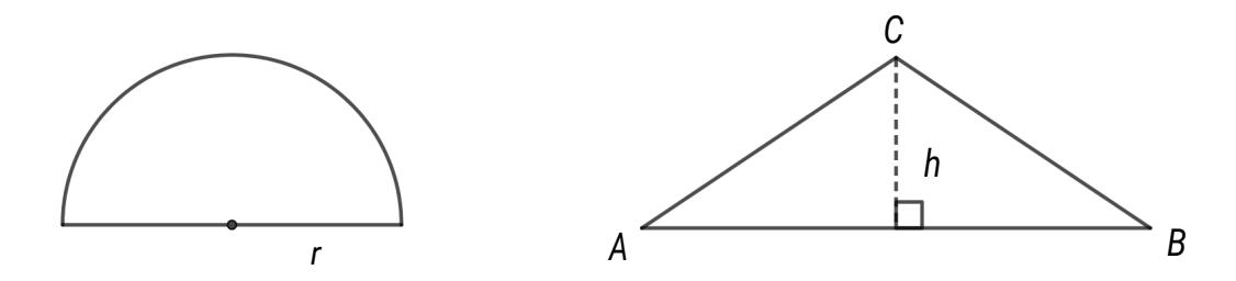 Figur: halvsirkel med radius r og likebeint trekant ABC med høyde h