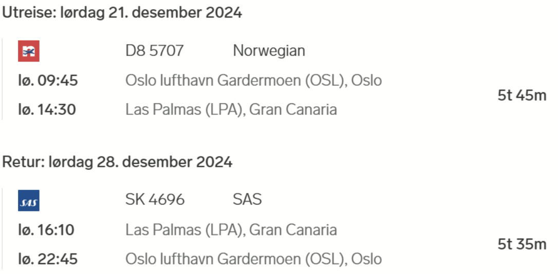 Flytider til Gran Canaria