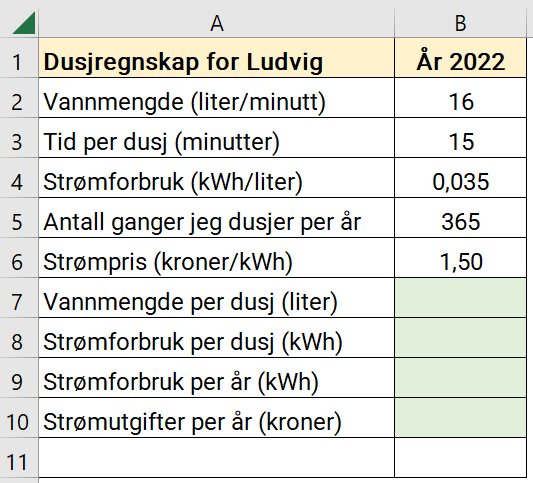 Regneark som viser Ludvigs dusjregnskap