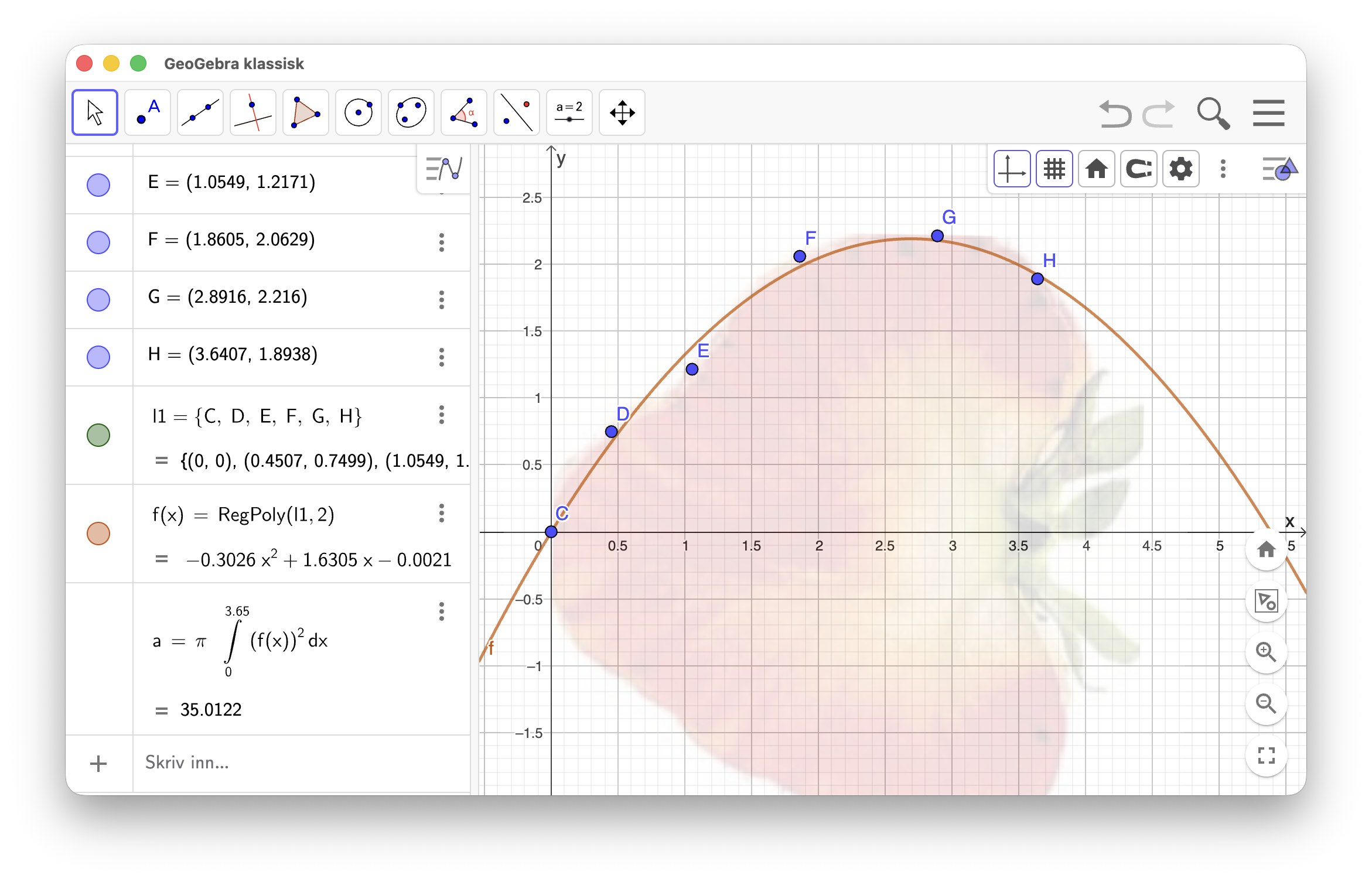 Regresjon og beregning av volum i GeoGebra