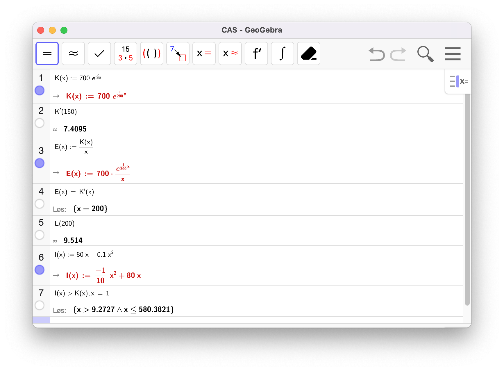 Løsning i CAS av oppgave 2 del 2